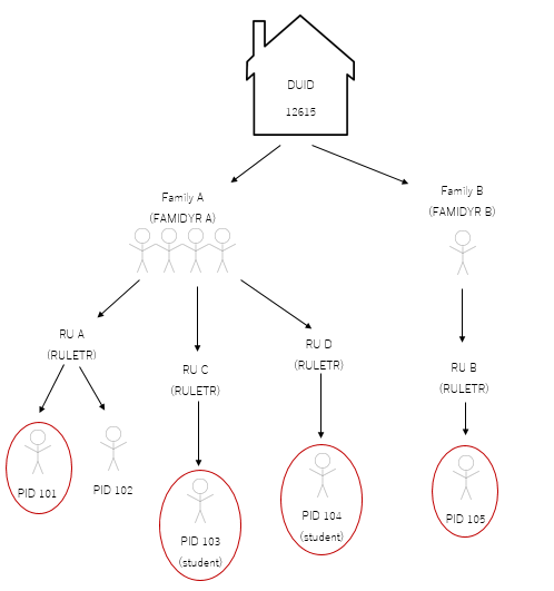 The image shows a house identified as DUID 12615. The Dwelling Unit is split off into two families: Family A, identified by FAMIDYR A, and Family B, identified by FAMIDYR B. Family A shows four stick people who are divided into RU A, Ru C, and RU D, all identified by RULETR. RU A is shown to contain two stick people: PID 101, identified by a red circle around the person, and PID 102. RU C is shown to contain one stick person, PID 103, a student. PID 103 is also identified with a red circle. RU D is shown to contain one stick person, PID 104, a student. PID 104 is identified with a red circle. Family B contains one stick person who is part of RU B, identified by the variable RULETR. RU B is shown to contain just that one stick person, PID 105, identified by a red circle.